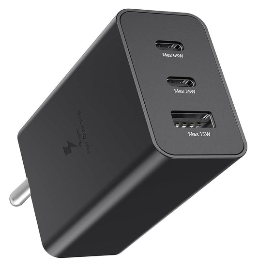 ADZOY 65W Type C 3-Port Super Fast Charging Wall Charger Trio Adapter Compatible with Samsung Galaxy S24 Ultra/S24/S23 Ultra/S23/S23+/S22/S22 Ultra/ S21 Fe 5G/Z Fold 5/4/3/ Z Flip 5/4/3Earbuds/laptops