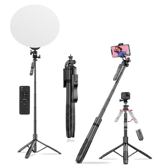 ADZOY L16 61" Tall Selfie Stick Aluminum Tripod Stand with Remote &10 INCH Photography Round Panal Light with Remote, Phone Holder Compatible with iPhone/Android/GoPro (L16+10INCH Round PANAL Light)