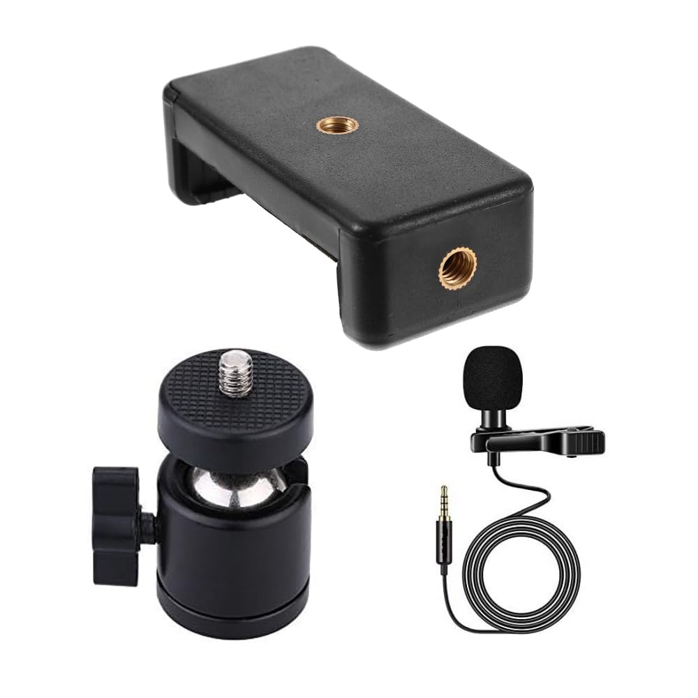 ADZOY Combo of 360 Degree Ball Head with Mobile Bracket 1/4" Screw Hole and Metal Collar Lapel Mic for Versatile Support for Your Device which Enhance Your Photography and Videography