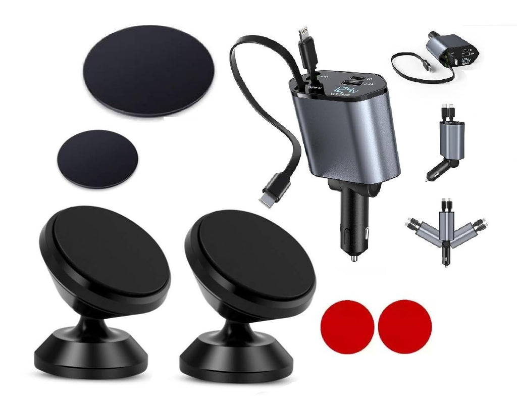 ADZOY Pack 2 Megnet 360° Rotation Car Phone Holder Mount Aluminum Alloy with 1PC 120W Retractable Car Charger - 4 in 1 Fast Car Phone Charger