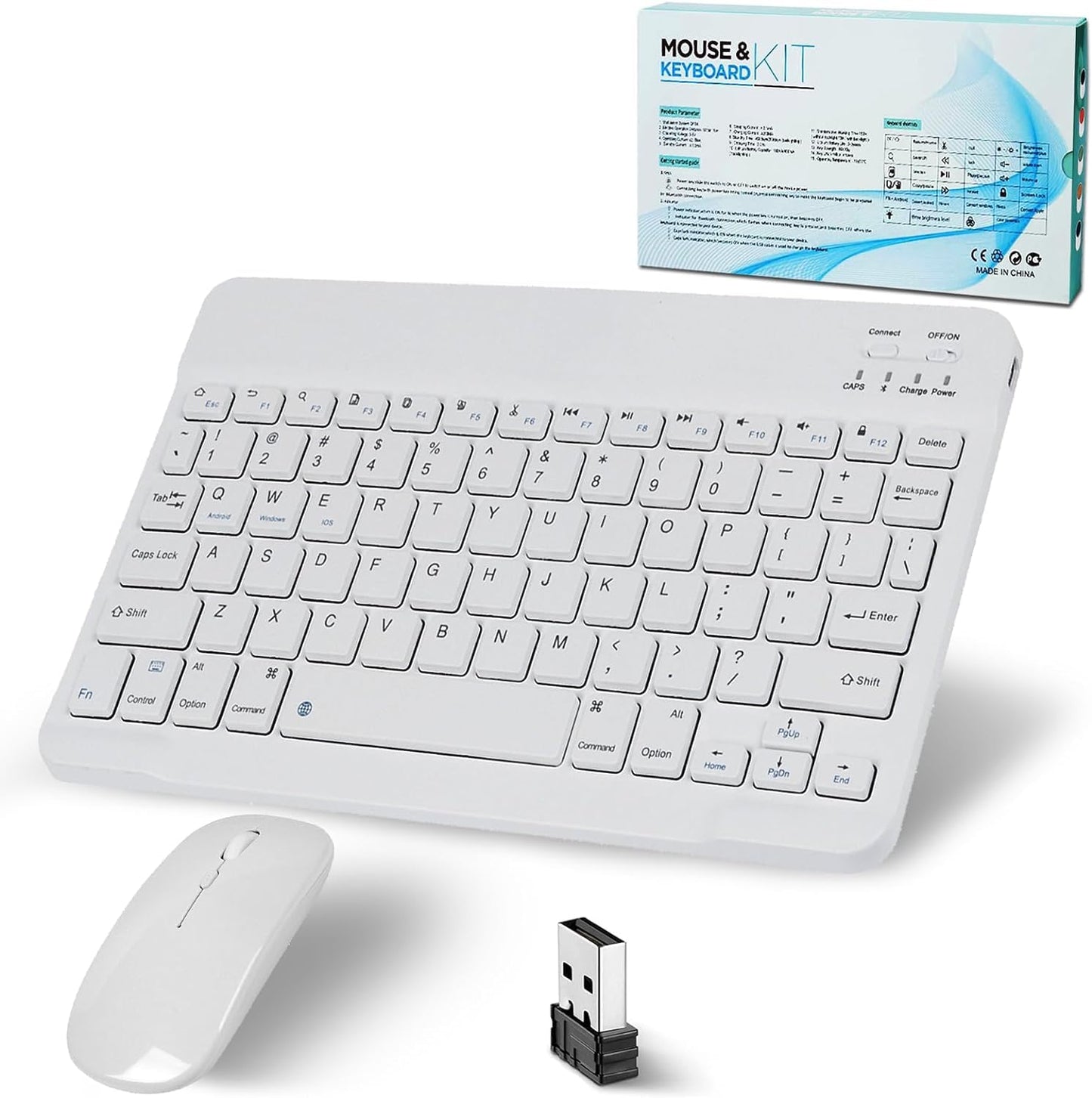 ADZOY 10 Inch Wireless BT Keyboard Mouse Combo, Three Speed Adjustable DPI Ultra Thin and Ultra Quiet Mouse, USB Charging Keyboard with Scissor Foot Structure for PC Laptop Computer (White)