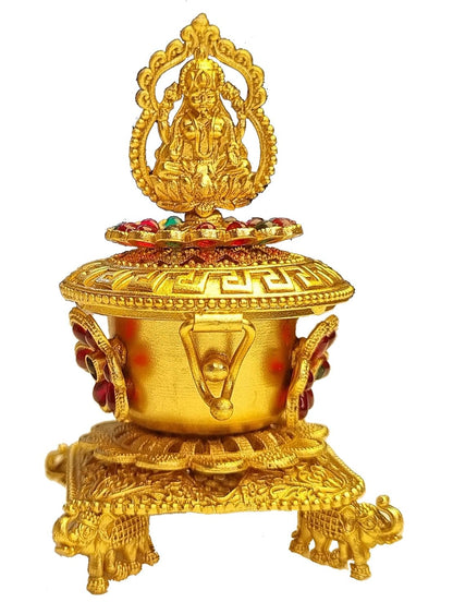 ADZOY Premium Handcrafted Goddess Lakhsmi on Four Elephant Sindoor Dibbi/Dabbi/Dani for Wedding | Haldi | Kumkum | Chandan Pure Brass Material Box