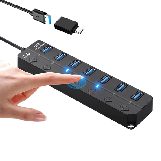 ADZOY 7-Port USB 3.0 Hub Individual On/Off Switches with USB to Type C Connector | High-Speed Data Transfer | Fast Sync & Device Control | Charge & Transfer Simultaneously | Universal Compatibility