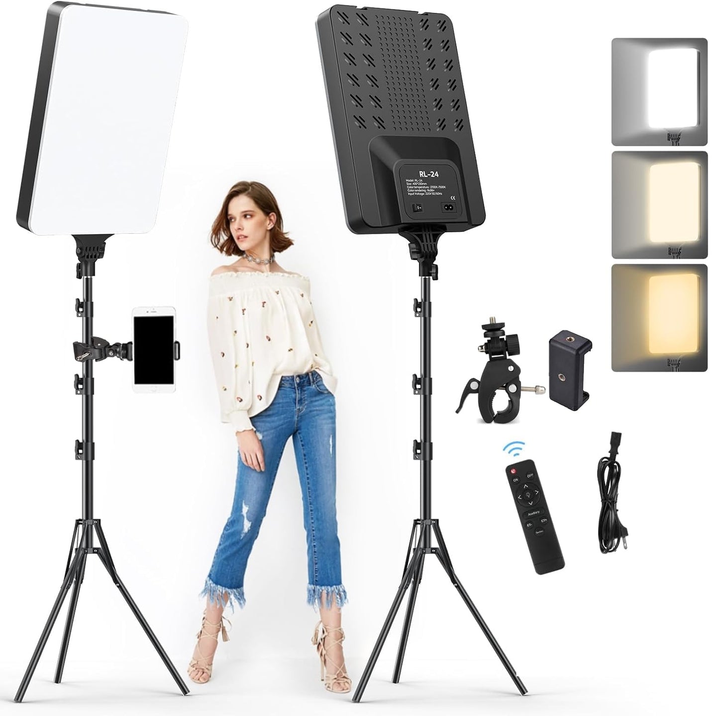 ADZOY 19'' LED Video Bi-Colors Light Kit, 2700-7500K Dimmable Photography Lighting with Remote, Super Clamp and 84 inches Stand, CRI 96+ Studio Lights for YouTube, Game Streaming, Video Photography