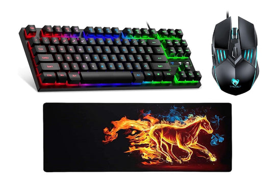 ADZOY Mechanical Gaming Keyboard N Horse Mouse Pad [900x400] & Wired Gaming Mouse Combo Set (Black)