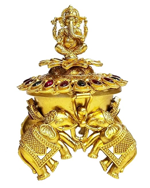 ADZOY Premium Handcrafted Lord Ganesh Ganpati Bappa on top with 4 Elephants stand for Wedding | Haldi | Sindoor | Kumkum | Chandan | Dabbi Handmade Pure Brass Material Box