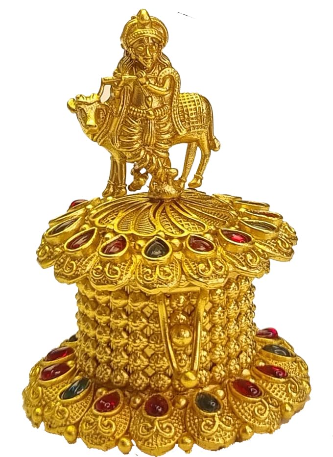 ADZOY Premium Handcrafted Lord Krushna with Cow and Fluet for Wedding | Haldi | Sindoor | Kumkum | Chandan | Dabbi Handmade Pure Brass Material Box