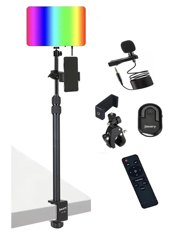 ADZOY PM-26 Photography RGB LED Lighting Panel Light & Remote Control with Jmary MT49 Light Stand Tabletop C Clamp Desk Mount Table Stand, Super Clamp & Collar Mic & Jmary BT-03 Bluetooth Control Button