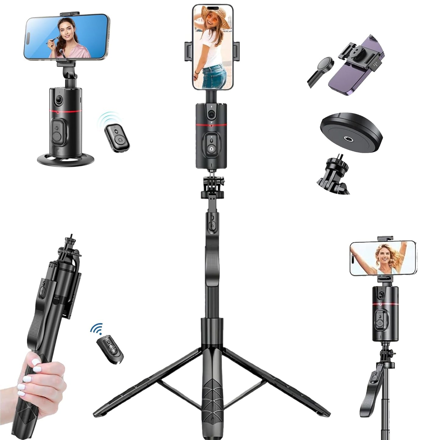 ADZOY Premium Combo of P02 Auto face Tracking Desktop Gimbal and ADL-L16 Selfie Stick Phone Tripod with Remote | 60" Extendable Stand for iPhone Android Camera 360° Rotation Phone Holder Stabilizer