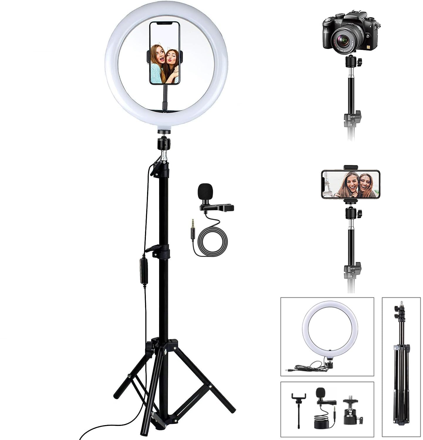 ADZOY Combo of 210 CM (6.9 Feet) Metal Tripod With10 inch LED Ring Light and Metal Collar Lapel Microphone 3.5mm for Cell Phone, Baking, Craft, Calligraphy, Drawing, Online Lesson, Video Recording