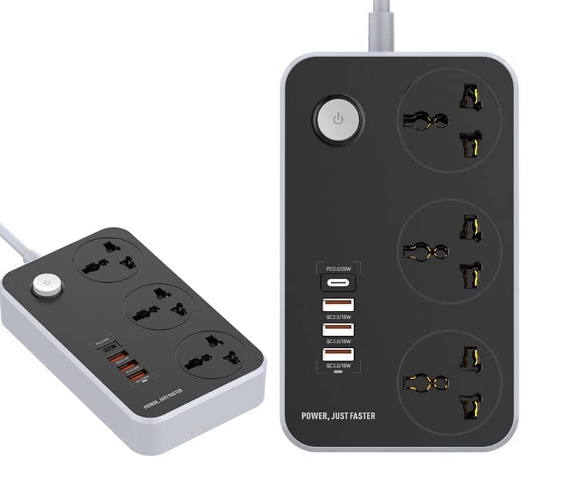 ADZOY Multi Port Extension with USB Port 2500W Power Strip Extension Type C USB Ports | 3 Power Sockets USB Hub (Black)