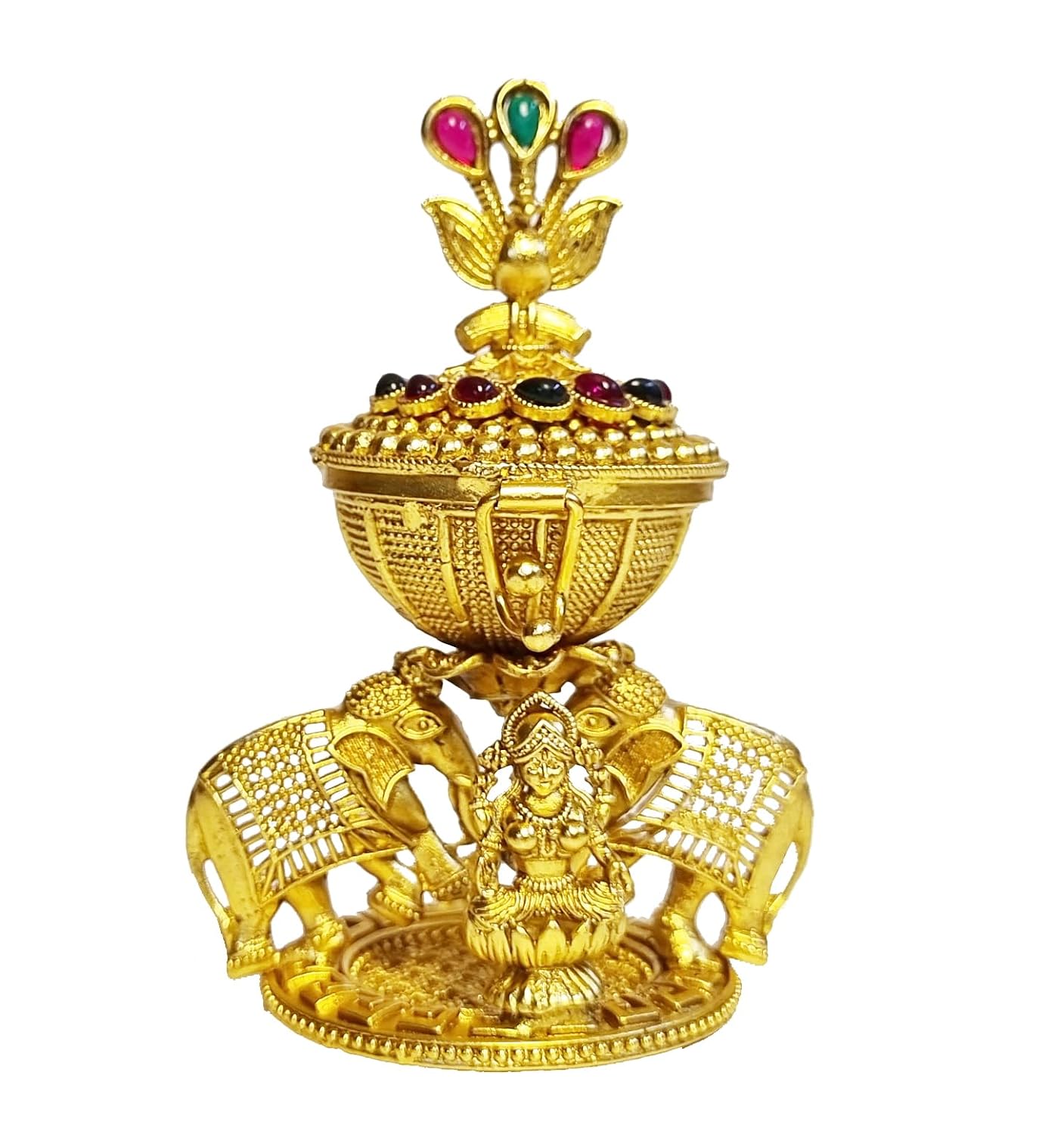 ADZOY Premium Handcrafted Goddess Lakshmi on Lotus with Elephants and Peacock on Top for Wedding | Haldi | Sindoor | Kumkum | Chandan | Dabbi Handmade Pure Brass Material Box