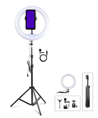 ADZOY Combo of 12 inch LED Ring Light with 210 CM (6.9 Feet) Metal Tripod and Metal Collar Lapel Microphone 3.5mm for Cell Phone, Baking, Craft, Calligraphy, Drawing, Online Lesson, Video Recording