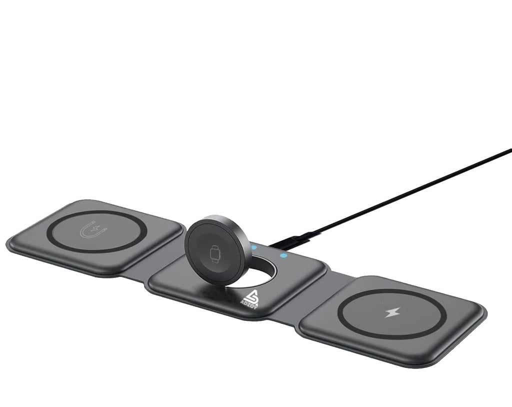 ADZOY 3 in 1 Wireless Flatbed Charging Station (Black), Magnetic Foldable Pad, Compatible with 14/Pro/Max/Plus/13/12, 3/2/Pro S and Z Series