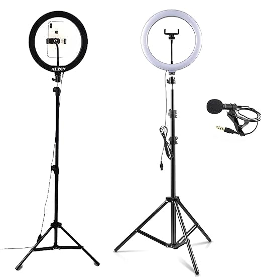 ADZOY Premium Combo of 10" Selfie Light (3 Light Modes) with 6.9ft Tripod & Collar Mic for Your Personal and Professional Video Shoot