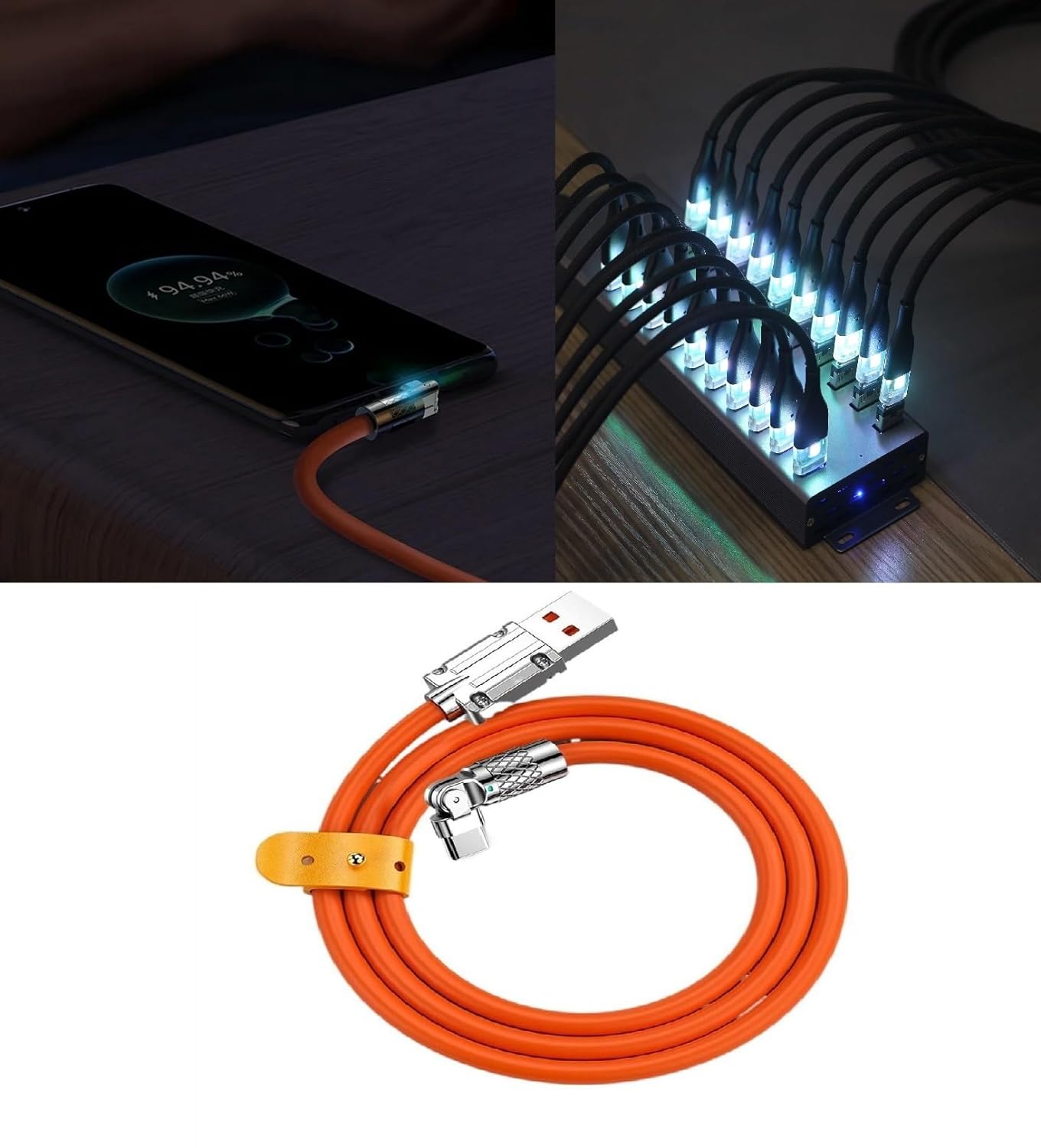 ADZOY Nightlight USB Type C Cable 120W 6A Fast Charging 2 m Rotatable Type-C Data Cable for Android Safe Durable Phone Accessories (Compatible with ALL SMART PHONES, Orange, One Cable)