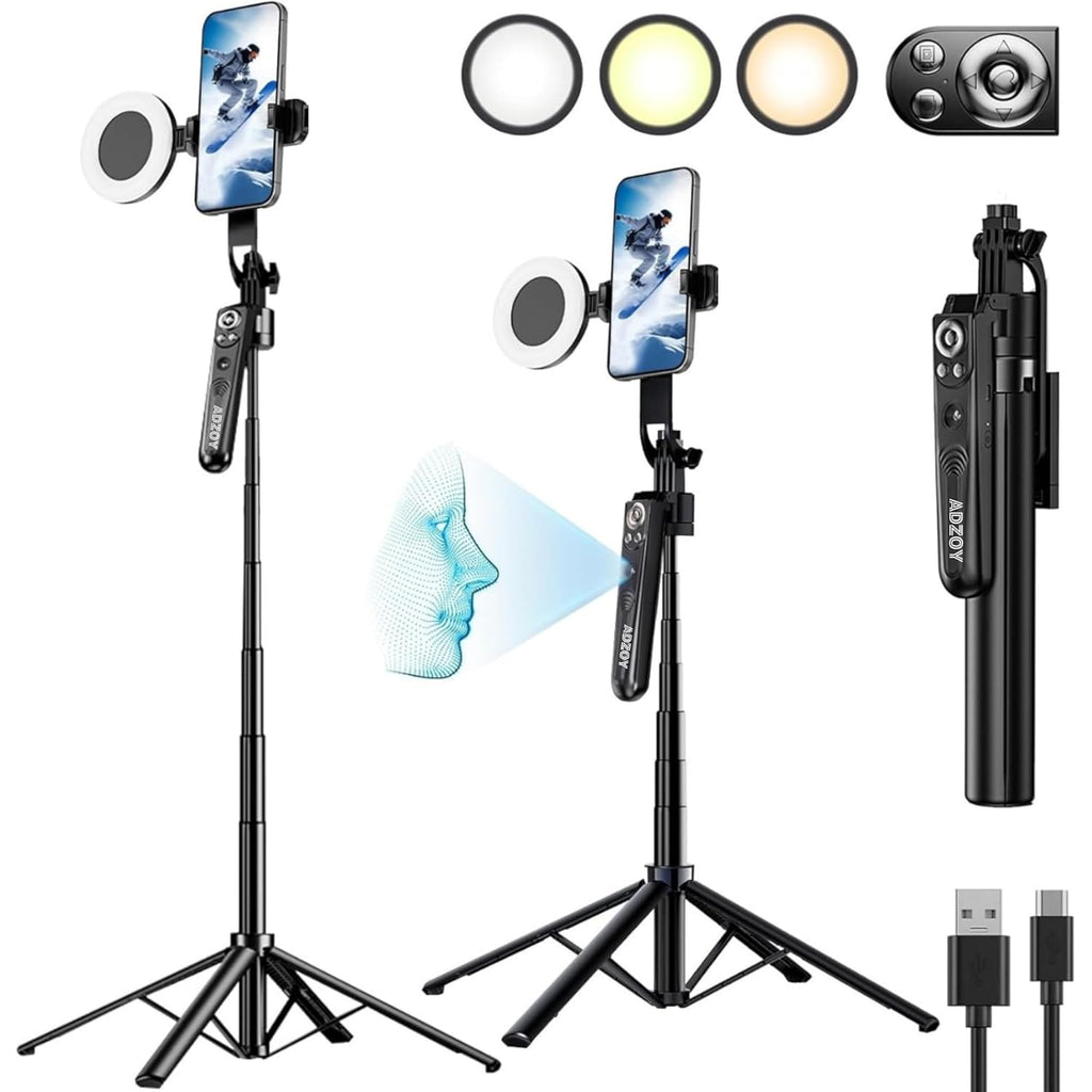 ADZOY Professional Rechargeable Selfie Stick Phone Tripod with AI Face Tracking with Remote | 175CM (69") Extendable Stand with 1 Ring Fill Light | 360° Rotation | Overhead Phone Holder Stabilizer