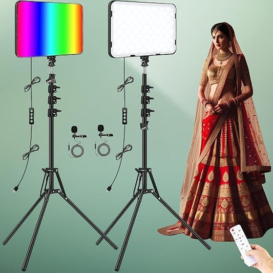 ADZOY 2-Pack (1 RGB and 1 White) of 11 Inch USB Powered LED Panel Light with 7 Feet Adjustable Metal Tripod, Super Clamp and Collar Lapel Microphone for Video Photo Studio Lighting