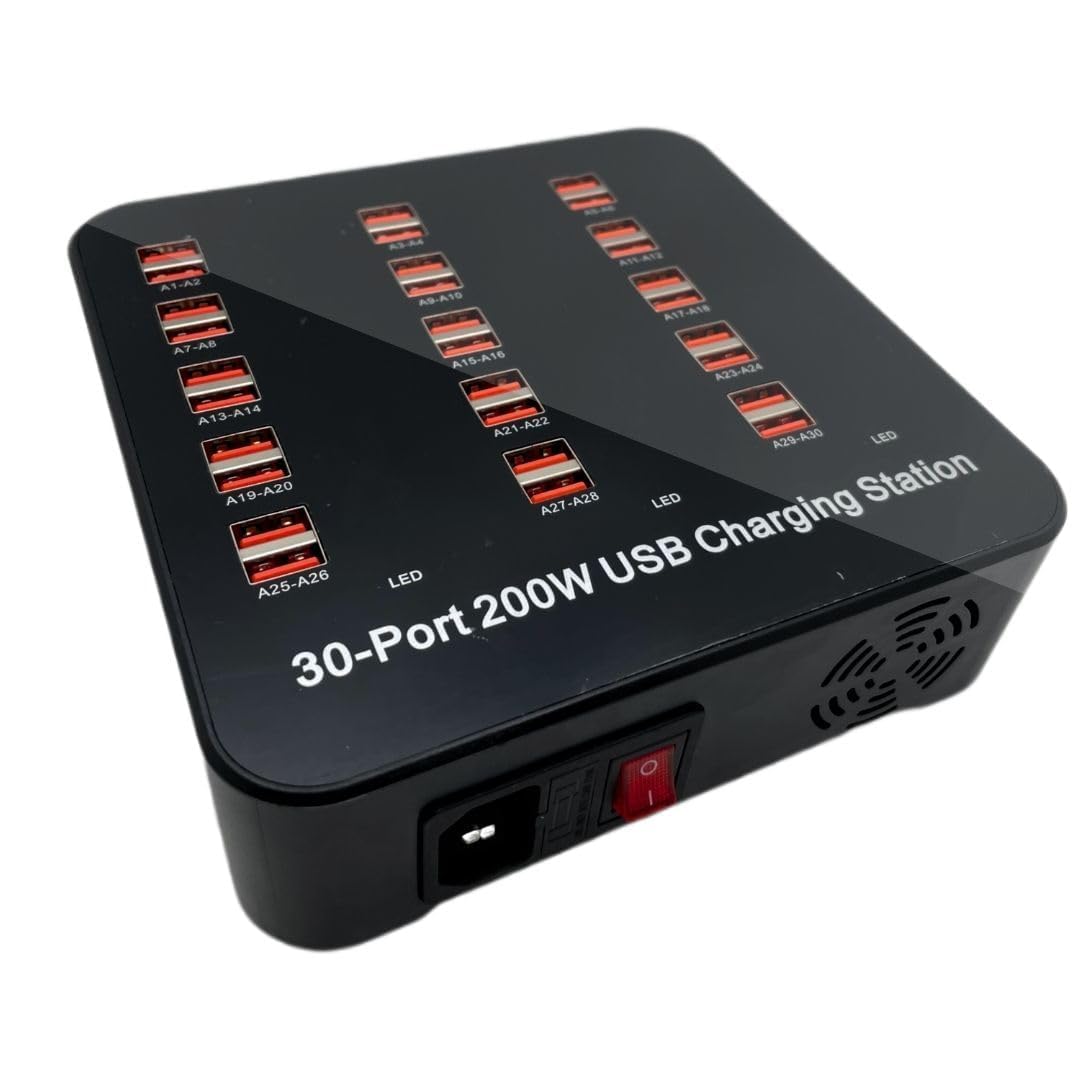 ADZOY Smart 30 Ports USB Hub Charging Station Power Outlet Multi Port Speed Dock Charger Suitable for Hotels, Shops, Schools, Shopping Mall and Travel - Black (30 USB Port)