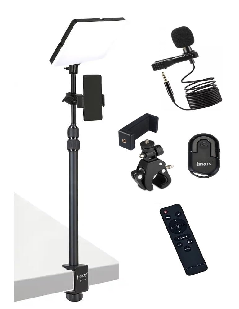 ADZOY 2024 Photography LED Lighting Panel Light Remote Control with Jmary MT49 Light Stand Tabletop C Clamp Desk Mount Table Stand, Super Clamp & Collar Mic and Jmary BT-03 Bluetooth Control Button