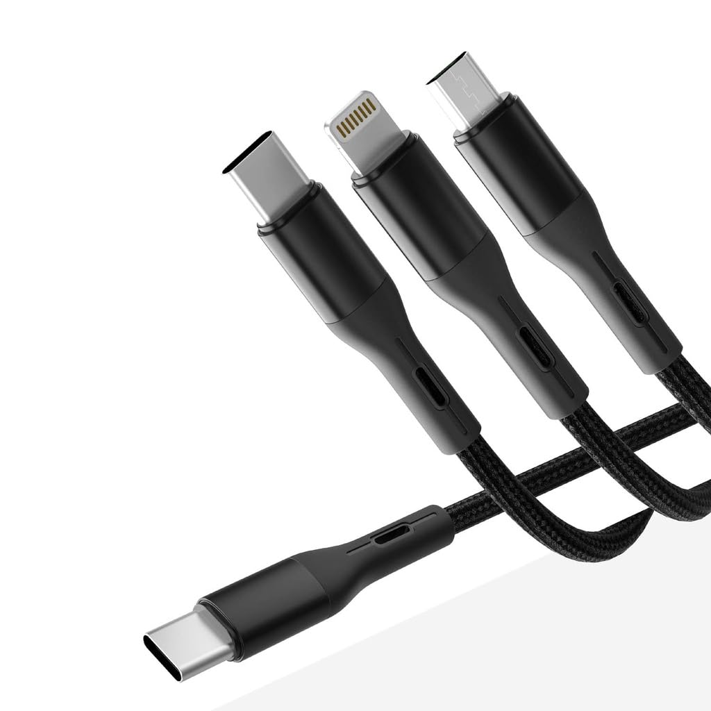 ADZOY 100W 3-in-1 USB-C to iOS+USB-C+Micro USB Multi Charging with Data SYC Fast Data Transfer Cable in Black