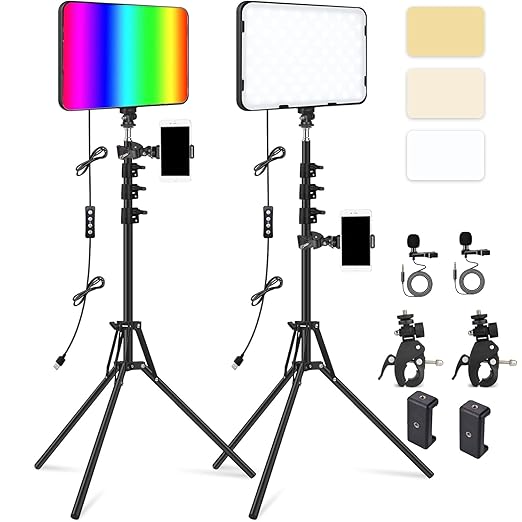 ADZOY 2-Pack (1 RGB and 1 White) of 11 Inch USB Powered LED Panel Light with 7 Feet Adjustable Metal Tripod, Super Clamp and Collar Lapel Microphone for Video Photo Studio Lighting