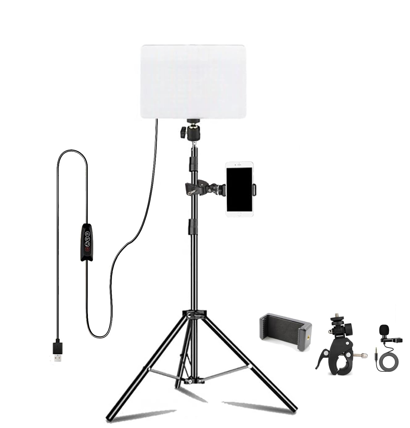ADZOY Professional Combo of 10 Inch USB Powered LED Panel Light with 7 Feet Adjustable Metal Tripod, Super Clamp and Collar Lapel Microphone