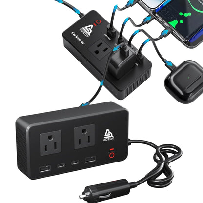 ADZOY 200W Car Power Inverter |DC 12V to 110V| AC Converter| PD 24W USB-C, QC3.0 Fast Charging, Dual USB Ports & AC Outlet – Portable Vehicle Charger |Adapter for Laptop/Phone/Tablet |Camping & Travel