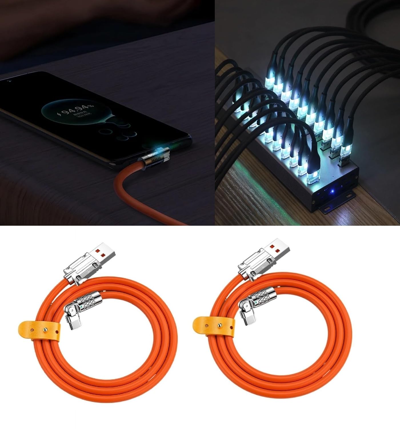 ADZOY [2PC Nightlight USB Type C Cable 120W 6A Fast Charging 2 m Rotatable Type-C Data Cable for Android Safe Durable Phone Accessories (Compatible with ALL SMART PHONES, Orange)
