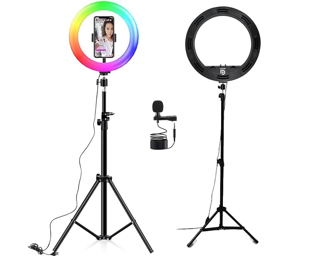 ADZOY Premium Combo of 10" RGB Selfie Light (3 Light Modes) with 6.9ft Tripod & Collar Mic for Your Personal and Professional Video Shoot