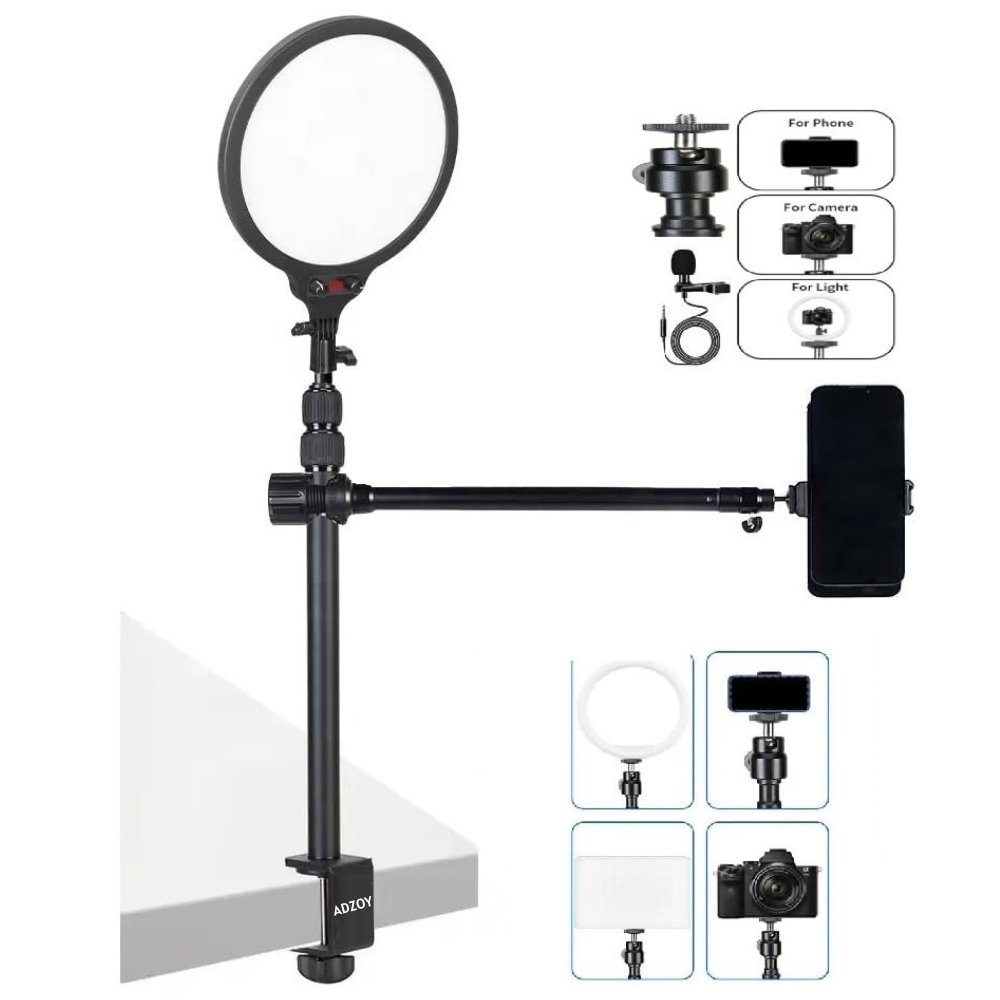 ADZOY MT 21 Arm Extension Tripod Extension with MT49 Light Stand Tabletop C Clamp Desk Mount Table Stand with NEEPHO NP-26 Round PANAL Light for Photography with Ball Head,Microphone