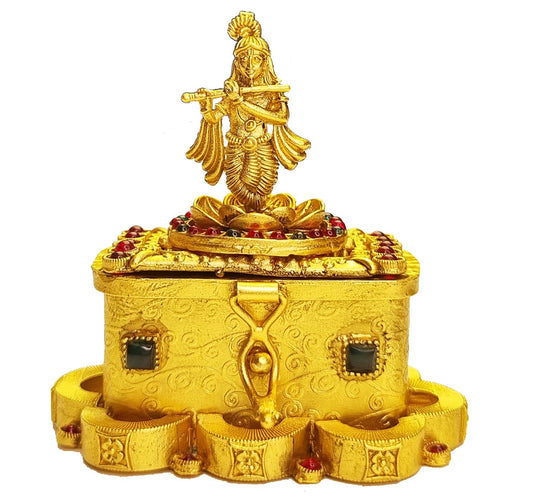 ADZOY Premium Handcrafted Sandook shape Lord Krushna with Fluet on Top for Wedding | Haldi | Sindoor | Kumkum | Chandan | Dabbi Handmade Pure Brass Material Box