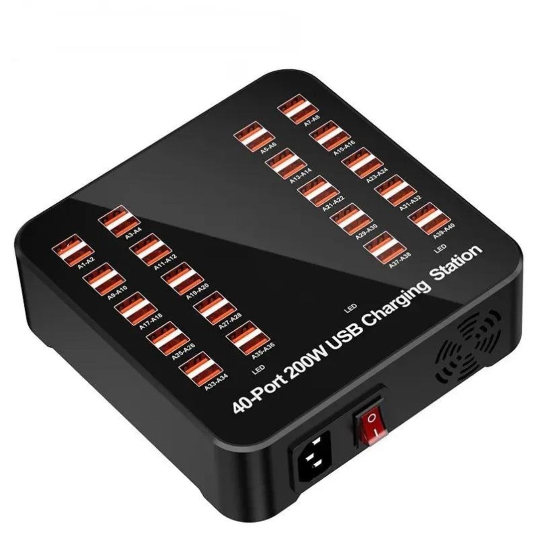 ADZOY Smart 40 Ports USB Hub Charging Station Power Outlet Multi Port Speed Dock Charger Suitable for Hotels,Shops, Schools, Shopping Mall and Travel - Black -40 USB Port