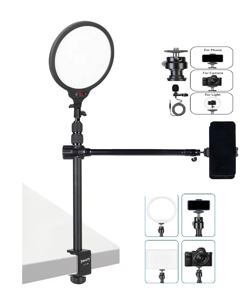 ADZOY MT 21 Arm Extension Tripod Extension with MT49 Light Stand Tabletop C Clamp Desk Mount Table Stand with NEEPHO NP-26 Round PANAL Light for Photography with Ball Head,Microphone