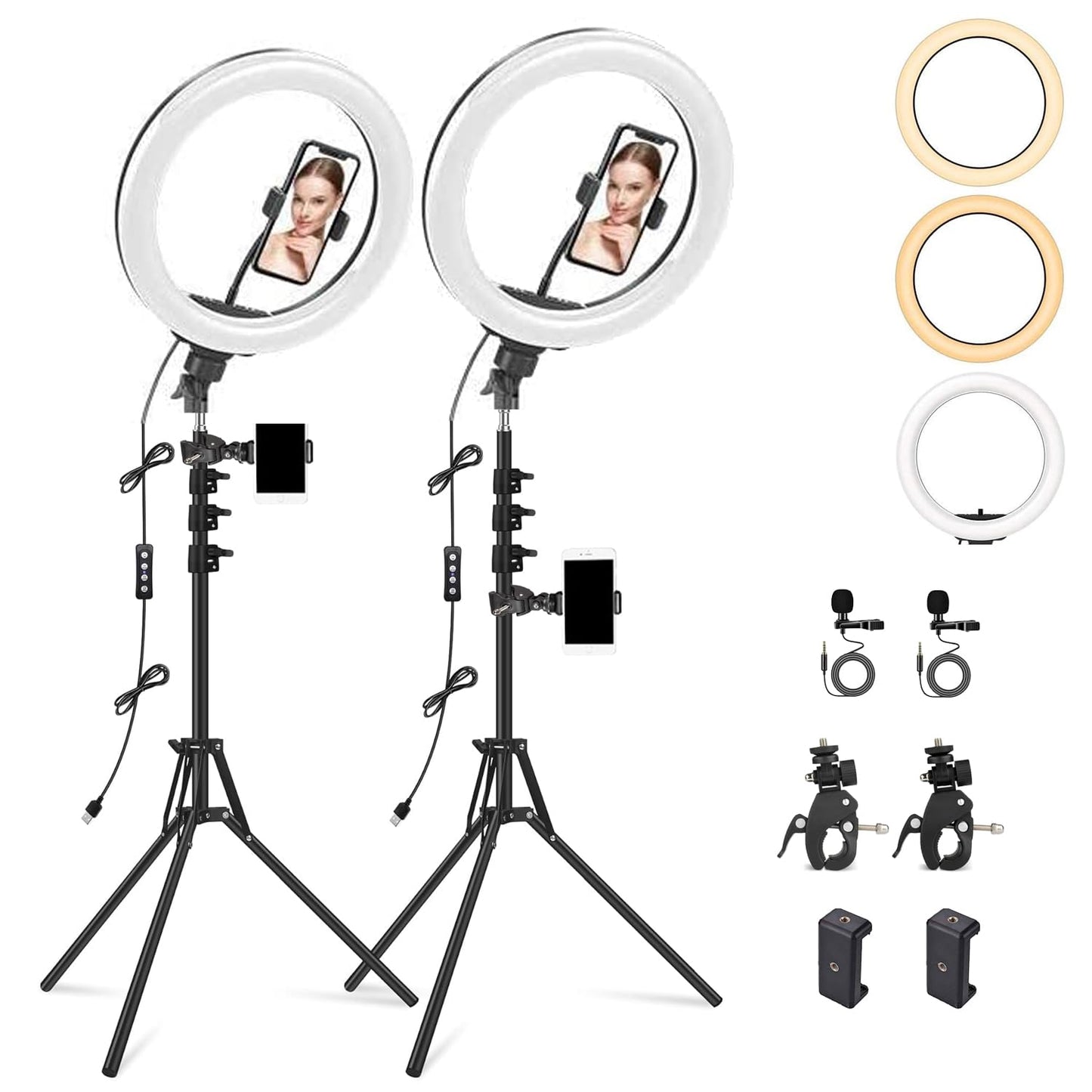 ADZOY 2-Pack 7 Feet Metal Tripod With10 Inch LED Ring Light, Super Clamp and 3.5 MM Lapel Collar Mic for Cell Phone, Baking, Craft, Calligraphy, Drawing, Online Lesson, Video Recording