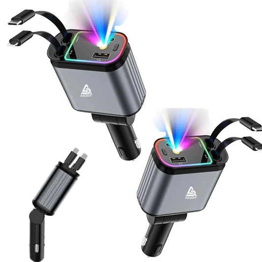 ADZOY [2-Pack] Retractable Type C +iOS Car Mobile Charger with Roof Starry Projection | Car Accessories | 4 in 1 | Fast Charging & Ambient LED Light – Universal for All Phones | Starlight Sky Light