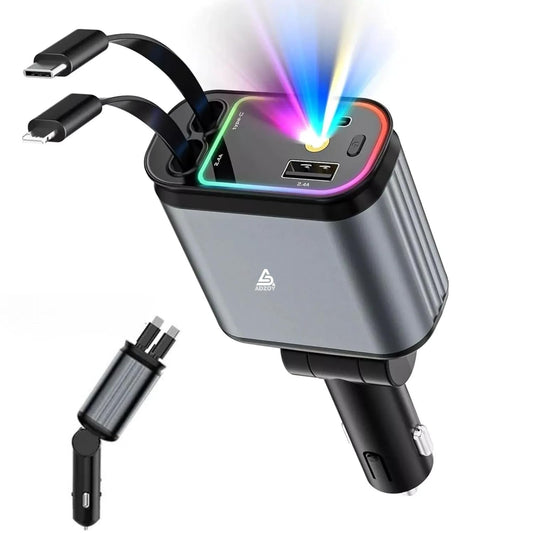 ADZOY Retractable Type C +iOS Car Mobile Charger with Roof Starry Projection | Car Accessories | 4 in 1 | Fast Charging & Ambient LED Light – Universal for All Phones | Starry Sky Light