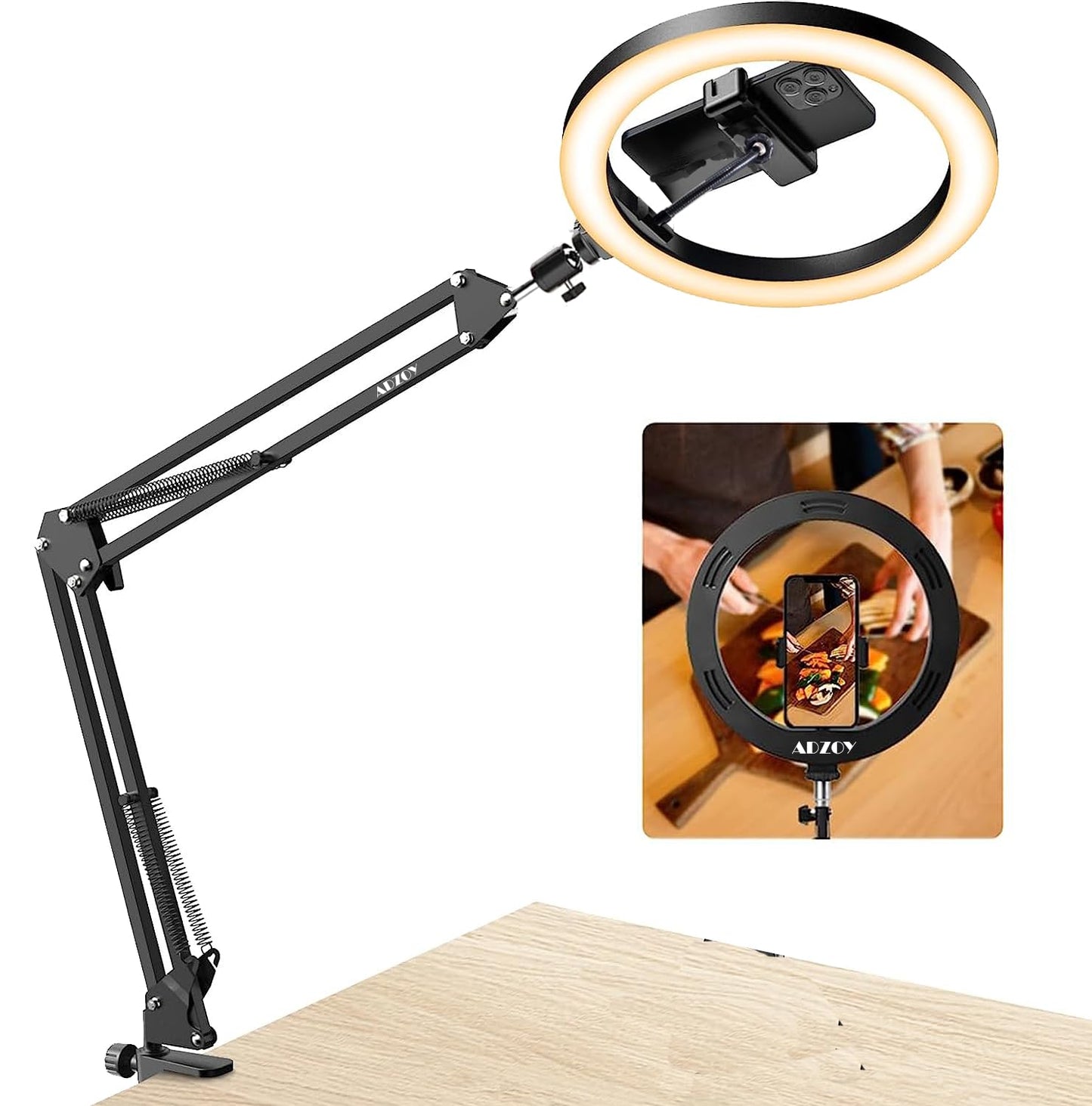 ADZOY Upgraded (2023-2024) ADL-0503 10”Circle LED Portable Selfie Ring Light with Overhead Suspension Stand and Phone Holder for Video Recording, Zoom Meeting, Live Streaming, Tiktok,YouTube