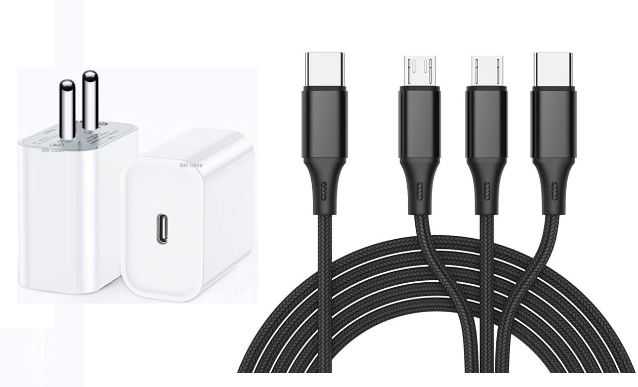 ADZOY 100W 3-in-1 USB-C to iOS+USB-C+Micro USB Multi Charging with 20 W Type C Adapter Data SYC Fast Data Transfer Cable in Black