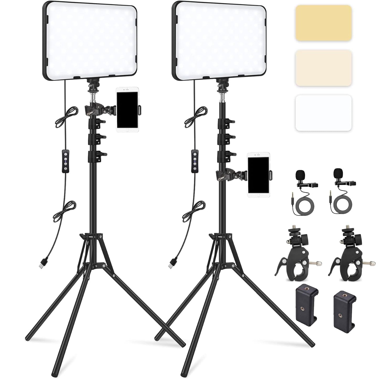 ADZOY 2-Pack Professional Combo of 10 Inch USB Powered LED Panel Light with 7 Feet Adjustable Metal Tripod, Super Clamp and Collar Lapel Microphone