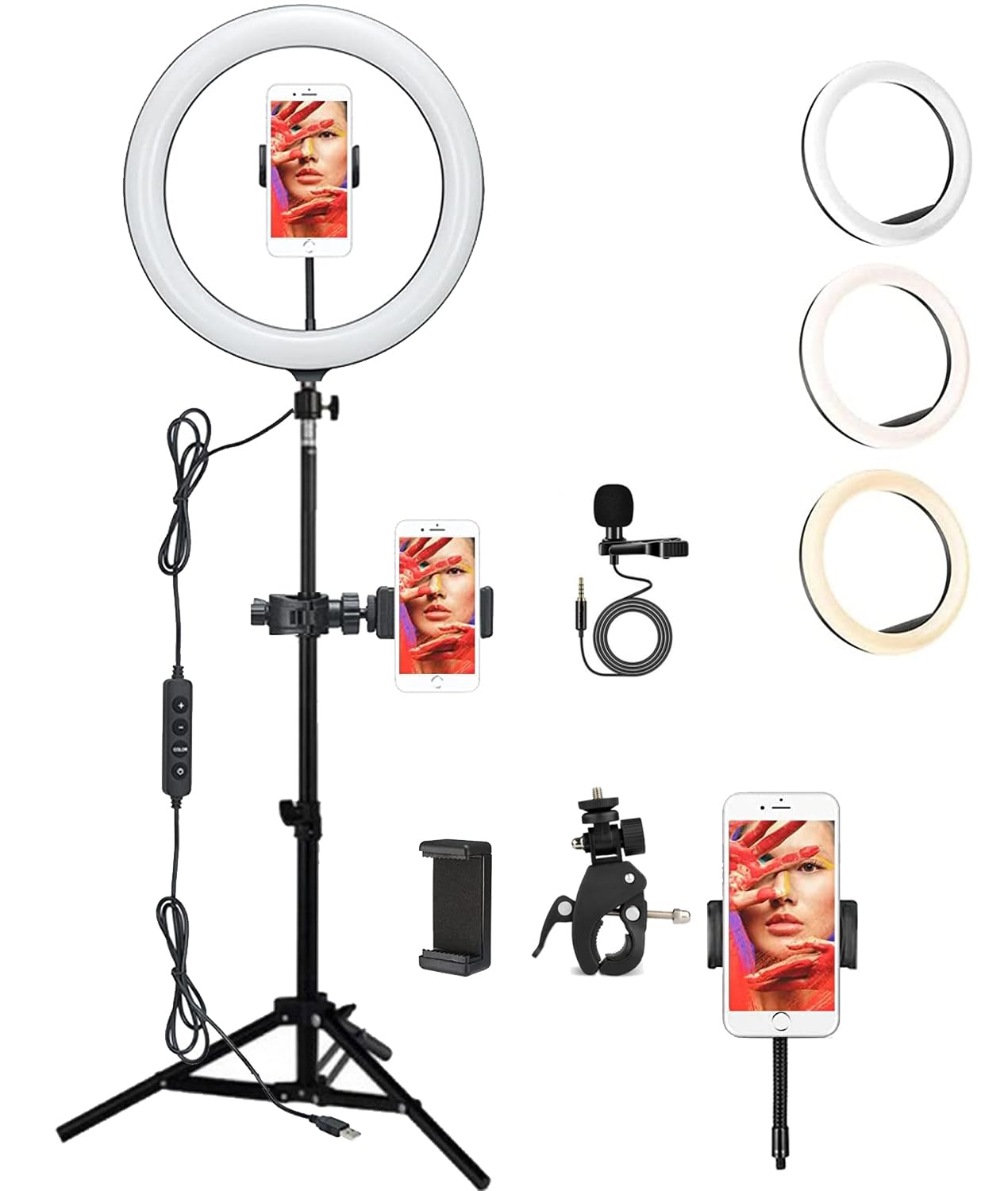 ADZOY Combo of 210 CM (6.9 Feet) Metal Tripod With10 inch LED Ring Light with Super Clamp and Collar Mic for Cell Phone, Baking, Craft, Calligraphy, Drawing, Online Lesson, Video Recording