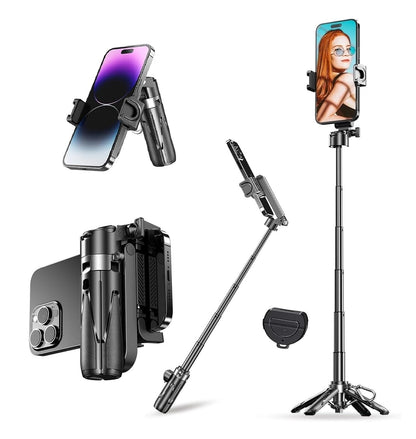 ADZOY Stainless Steel P15 MINI Pocket Monopod Retractable Selfie Stick Tripod with Detachable Remote Pocket Size,3-in-1 Mini Phone Grip 2 Cold Shoe,10M/393.7'' Wireless Shutter