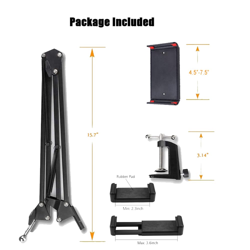 ADZOY Universal Professional 360 Rotation Overhead Suspension Arm Stand with 2 Bracket for 3.5-11.5 inch Mobile Phones and Tabs for Baking,Craft,Calligraphy,Drawing, Broadcasting & Recording