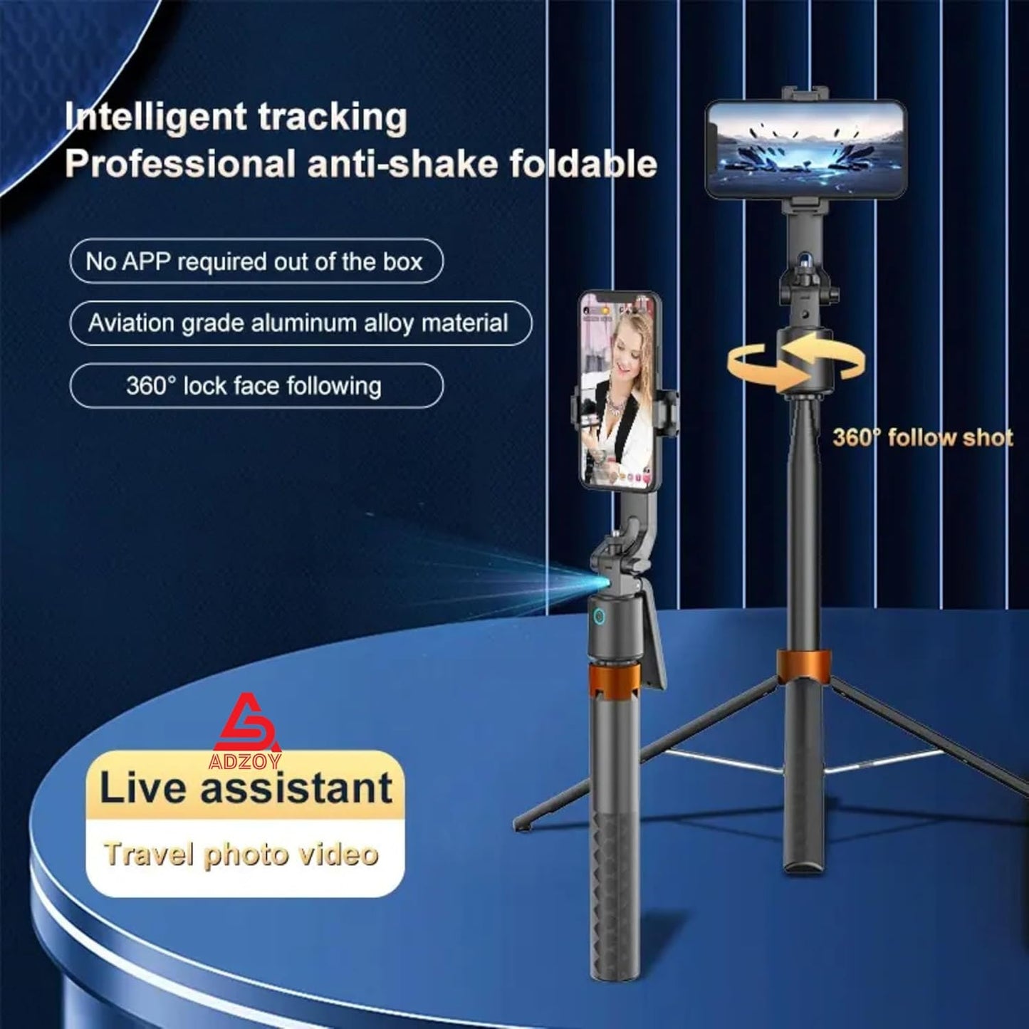 ADZOY Professional ADL-Q13 Intelligent AI Tracker Selfie Stick 180cm Wide Angle 360 Degrees Gimbal Foldable Auto Face Tracking with Remote | Overhead Phone Holder Stabilizer
