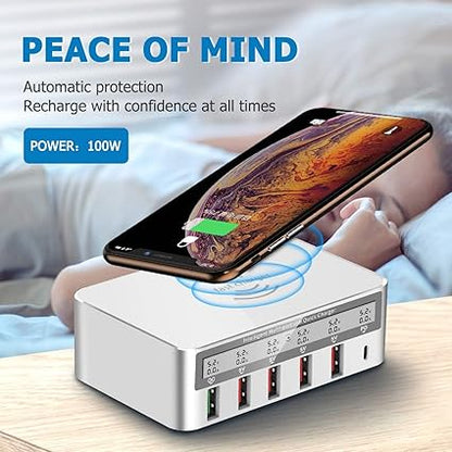 ADZOY Charging Station, 100W 6-Port USB Fast Charger with QC 3.0 & PD, Compatible with Apple & Other Brand Cell Phones