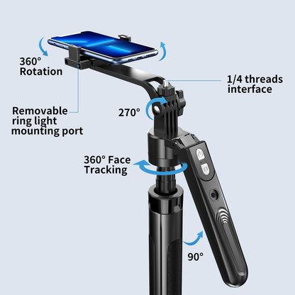 ADZOY Professional Rechargeable Selfie Stick Phone Tripod with AI Face Tracking with Remote | 175CM (69") Extendable Stand with 1 Ring Fill Light | 360° Rotation | Overhead Phone Holder Stabilizer