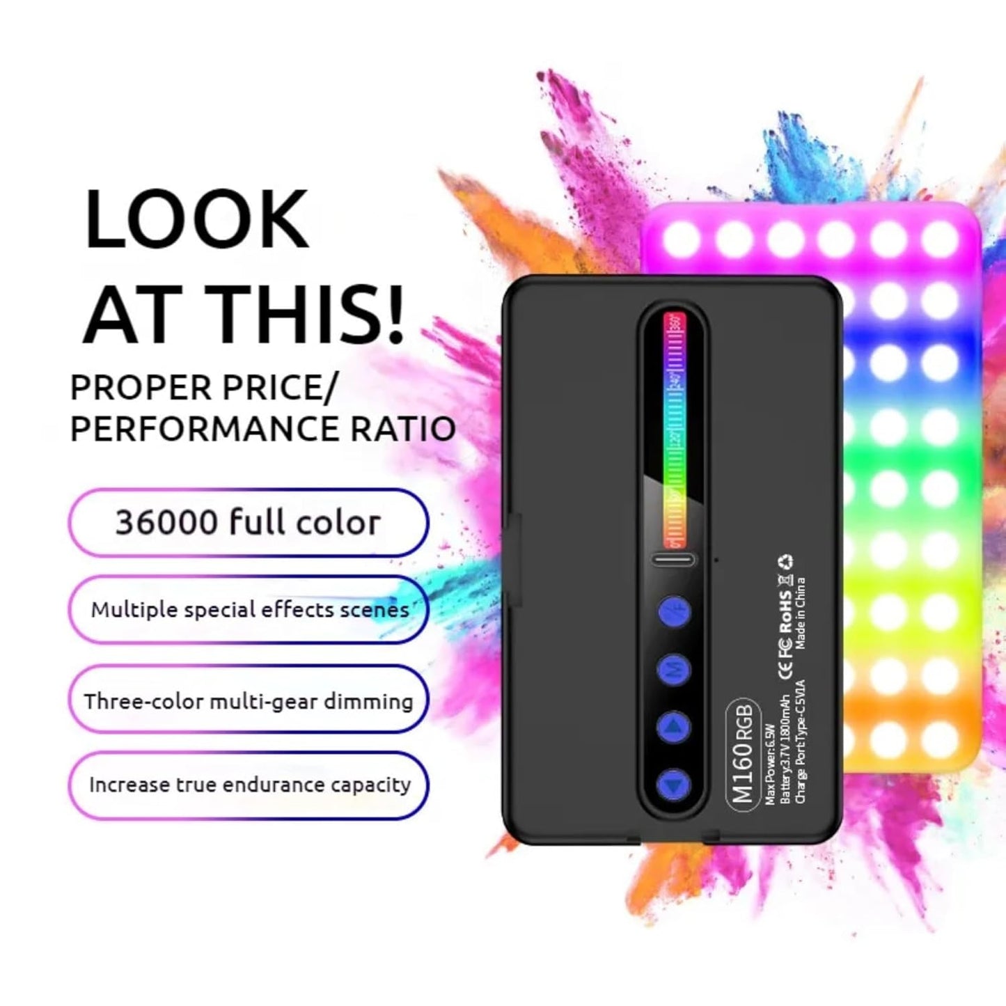 ADZOY ADL-M160 RGB Rechargeable Pocket Fill Video Light – 160 LED Beads, Dimmavble with 2500K–8500K Adjustable Bi-Color, Portable Photography Lighting for Camera, Smartphone & Vlogging