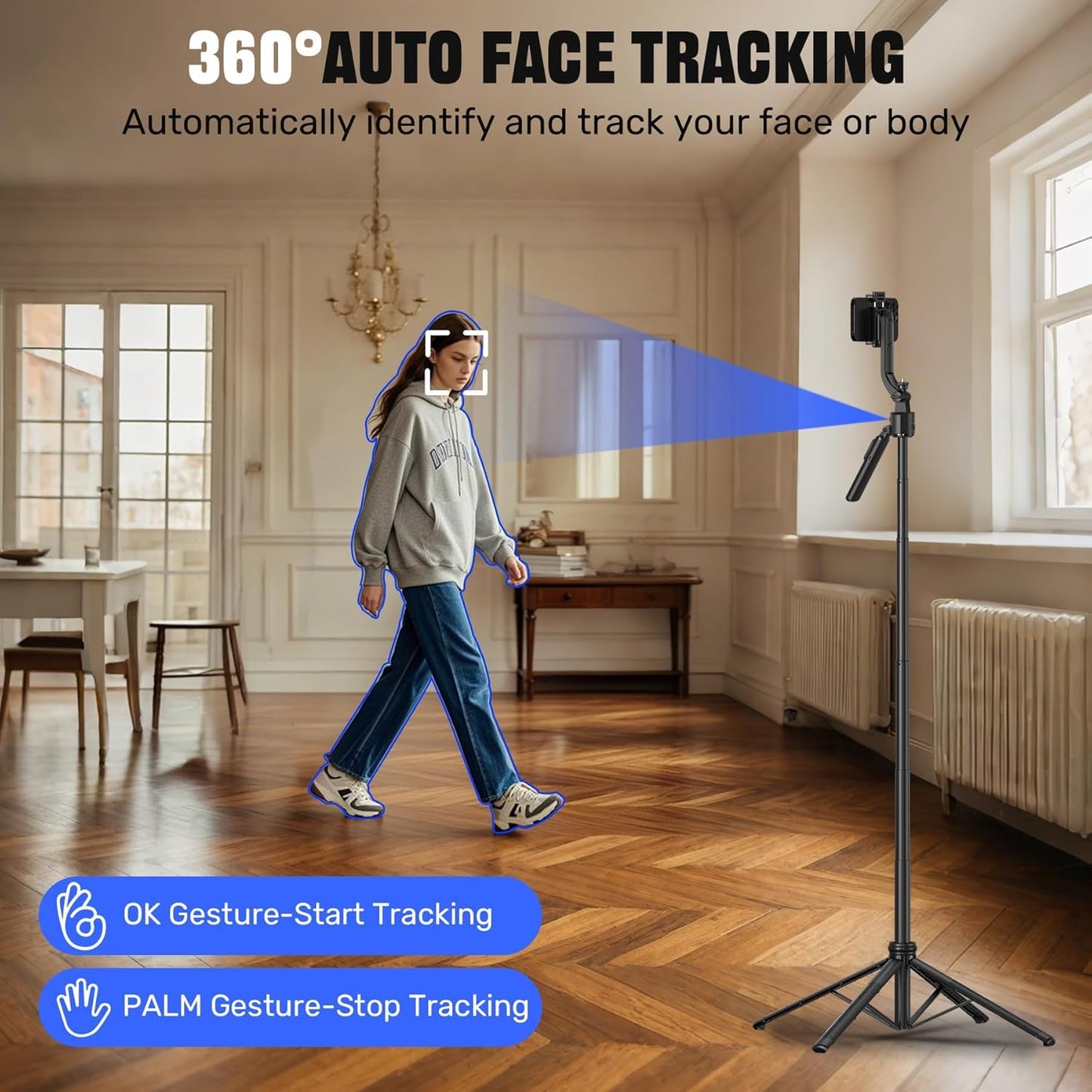 ADZOY Auto Face Tracking Tripod - 360° Rotating Smart Shooting Holder with Gesture Control | Detachable Stand Tripod for Vlogging, Streaming, Reels| Rechargeable (C17 Face Tracking Camera Selfie Stick)