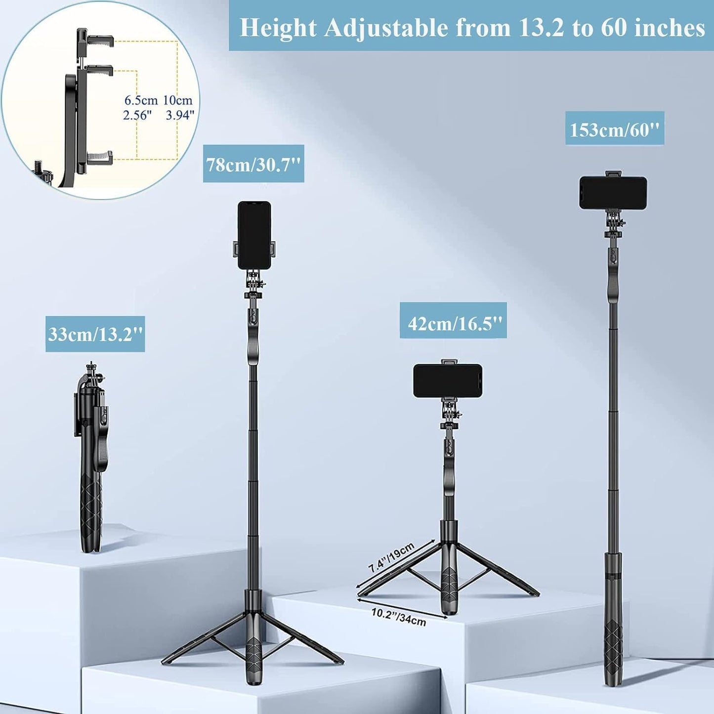 ADZOY L16 (2024) Selfie Stick Phone Tripod with Remote - 60" Extendable Tripod Stand for iPhone Android Camera 360° Rotation Overhead Tripod Phone Holder iPhone Stabilizer for Vlog Live Stream