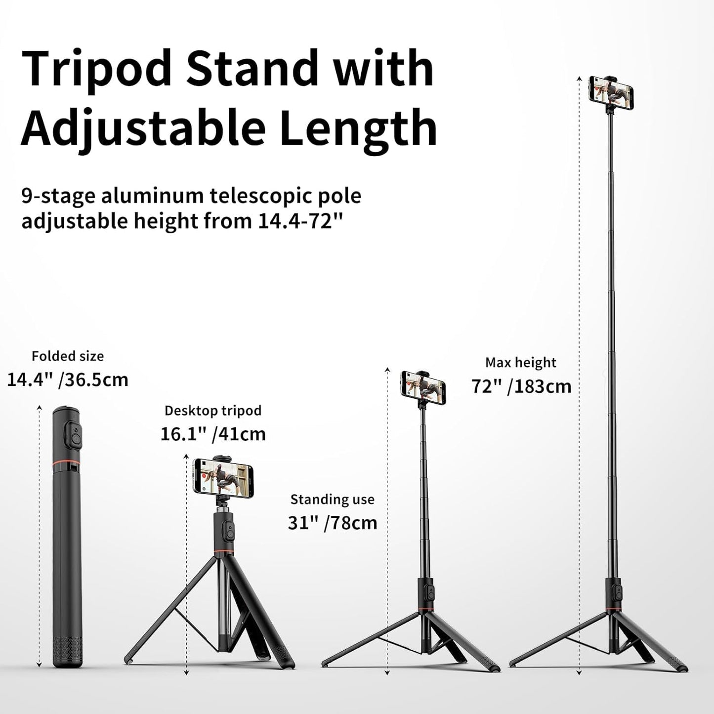 ADZOY Professional ADL-C10 Selfie Stick Phone Tripod with Remote | 72" Extendable Stand for iPhone Android Camera 360° Rotation Overhead Phone Holder Stabilizer for Video Recording Vlog Live Stream